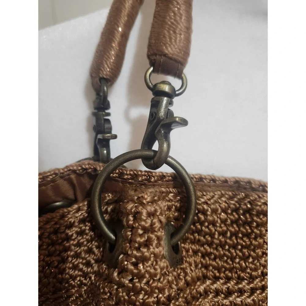 The Sak Crocheted Shoulder Bag CHESTNUT Brown With Gold Metallic Threads VTG EUC - Picture 3 of 10